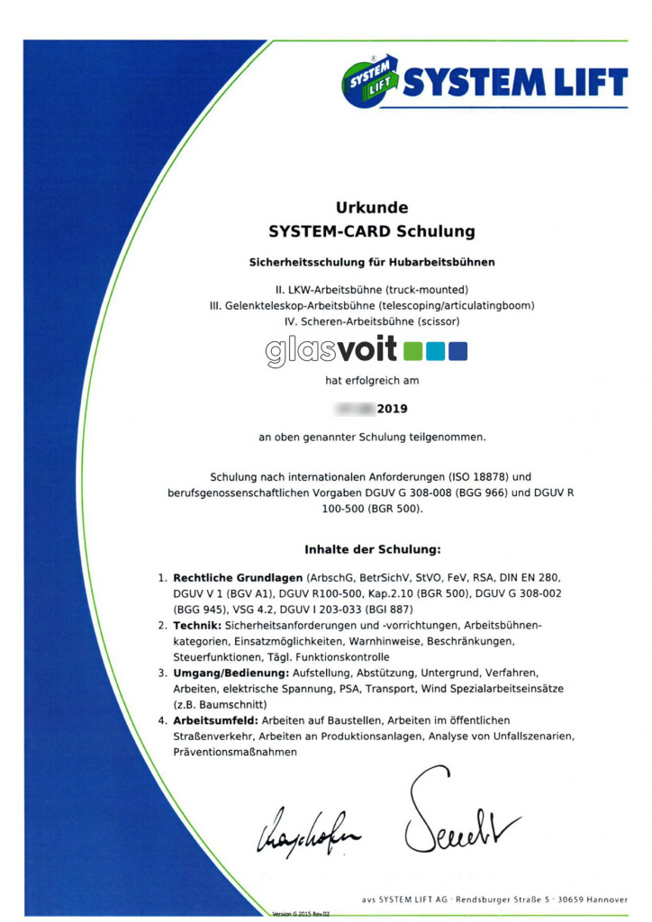 Urkunde Arbeitsbühnenschulung 2019
