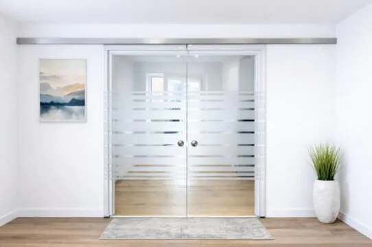 Ganzglasschiebetüre doppelflügelig mit Sandstrahlmotiv