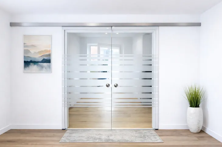 Ganzglasschiebetüre doppelflügelig mit Sandstrahlmotiv